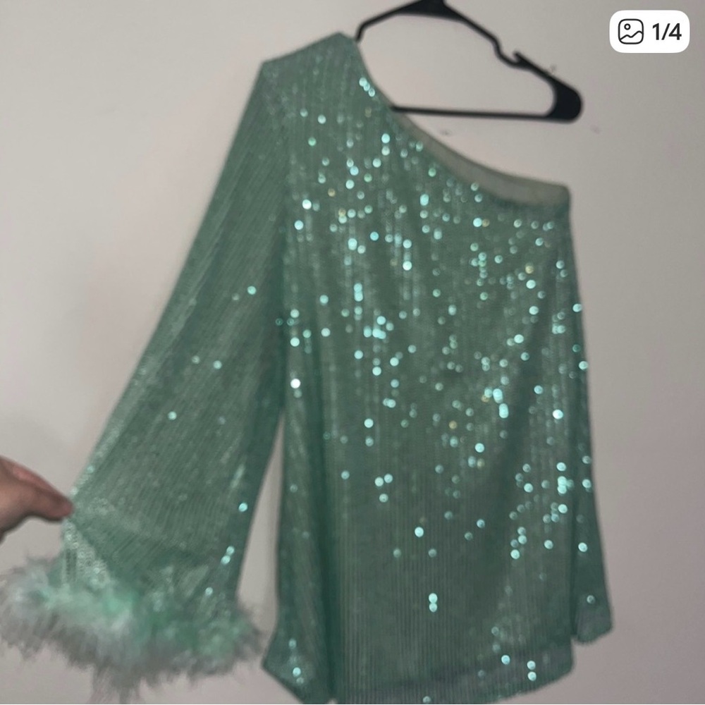 Sparkling Mint One-Shoulder Sequin Blouse